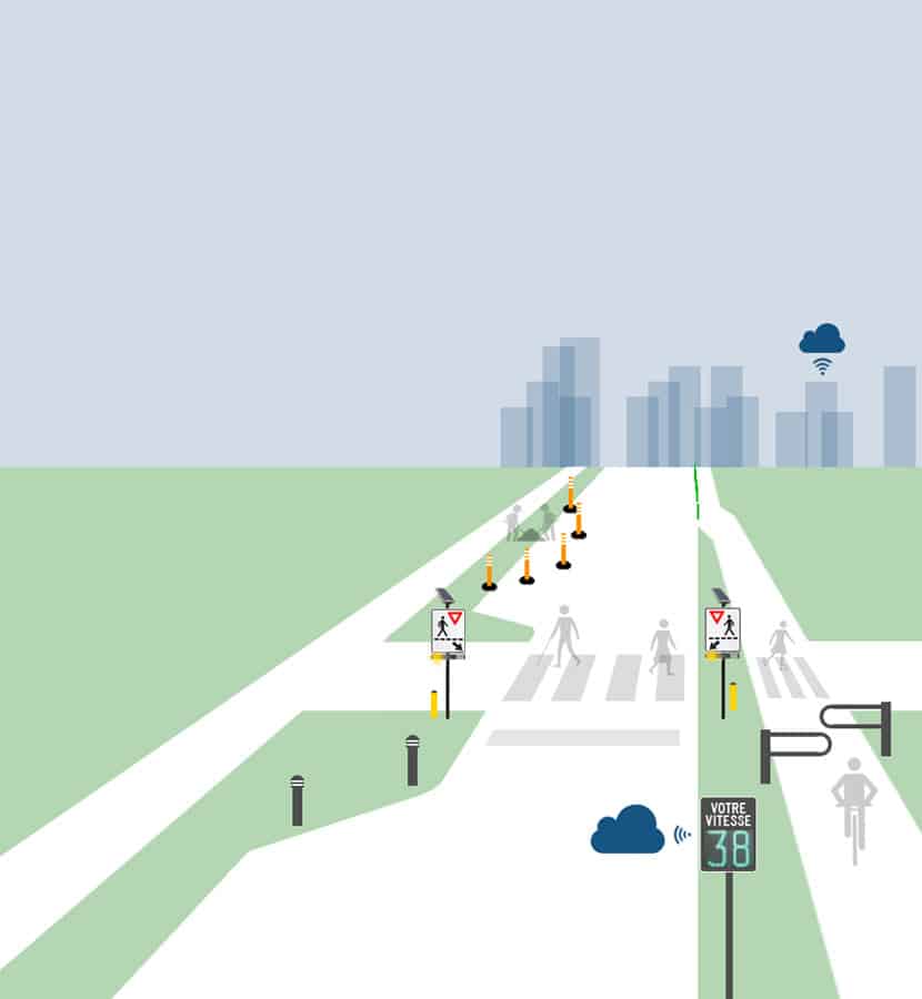 Illustration d'une route sécuritaire et conviviale avec plusieurs produits de sécurité routière par Trafic Innovation