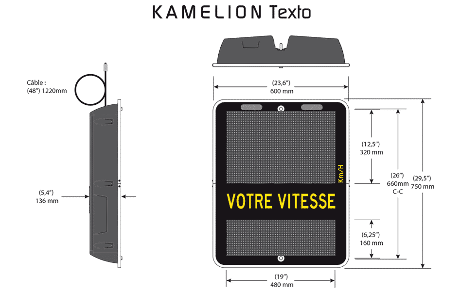 Spécifications techniques de l'afficheur de vitesse Kamélion Texto - Trafic Innovation