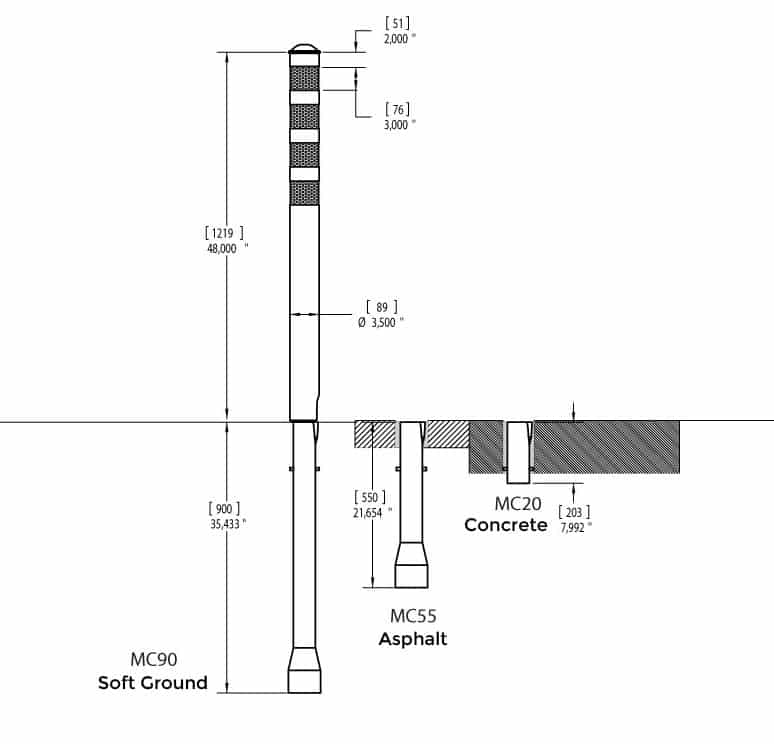 Technical specifications of the 3.5 inch steel bollard with reflective sheeting - Bollards and sign posts - Traffic Innovation