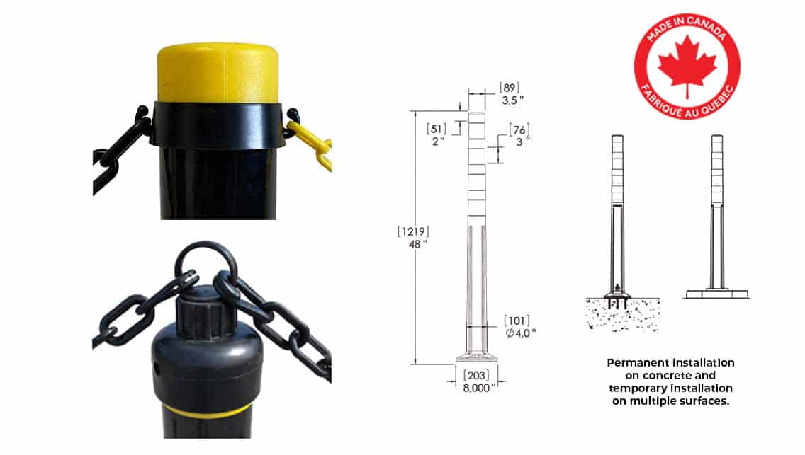 Technical specifications of DEFLEX delineator for pedestrian and line up channelizing - DEFLEX Bollards and delineators - Traffic Innovation
