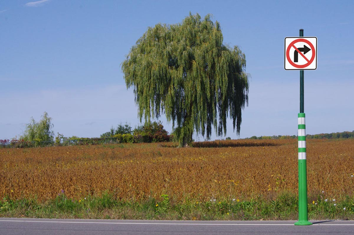 Poteau avec panneau de signalisation sur délinéateur DEFLEXSIGN sur une rue - Bollards et délinéateurs DEFLEX - Trafic innovation