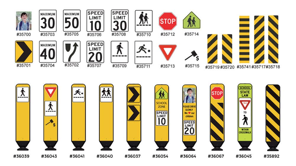 Available decals for the Zoneguard flexible traffic sign panel - DEFLEX road delineators - Traffic Innovation